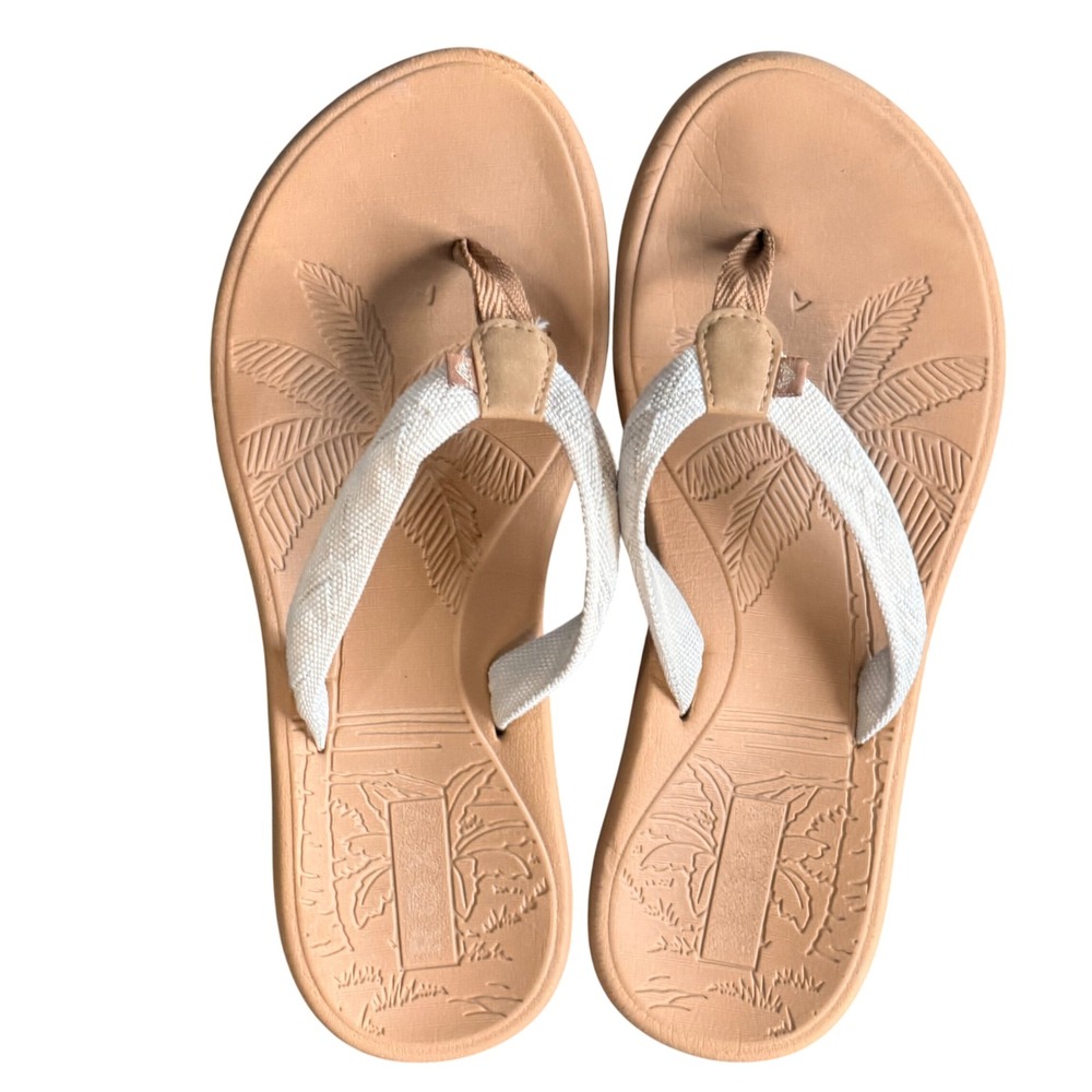 Roxy Flip Flops Womens Tan Canvas Thong Sandals Tropical Palm Tree Beach Coastal